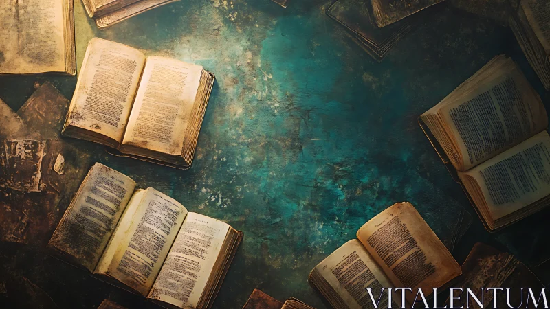 Antique open books encircle textured teal archival table.