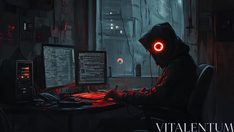 Neon-eyed hacker haunts a midnight code-drenched hideout.