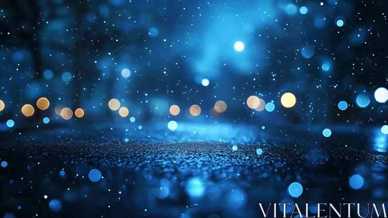 Blue night street surface with bokeh lights and particles.
