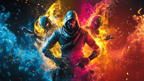 Hooded futuristic soldiers framed by blue and red fire effects.