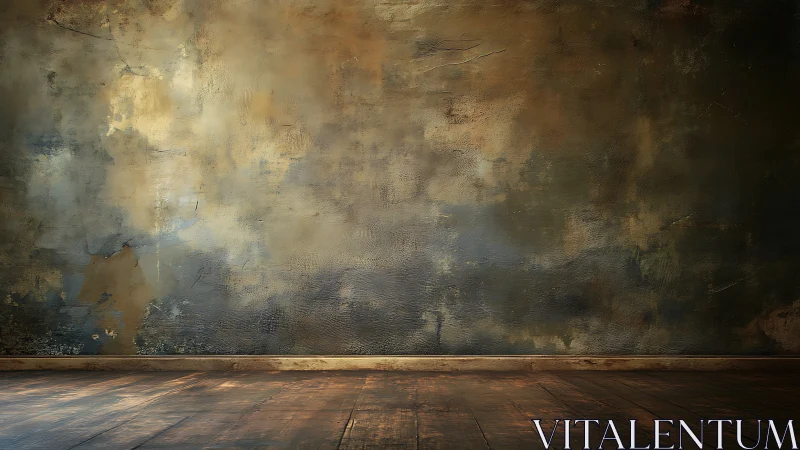 Weathered studio wall with warm rustic wooden floor.