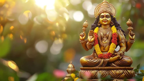 Sunlit golden deity in garlands of marigold calm.