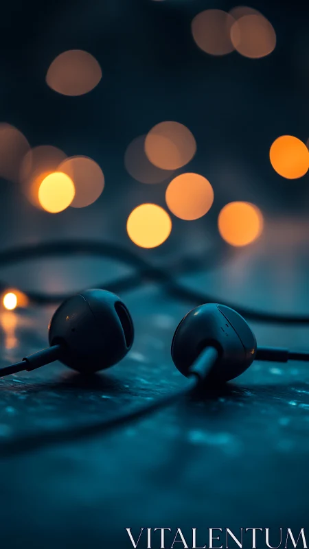 Wired earphones on surface with defocused warm lights.