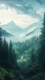 Mountain Valley Landscape with Misty Forests and Peak.