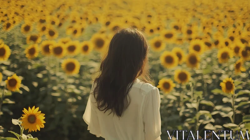 Woman in White Dress Surrounded by Sunflowers, Dreamy Summer Style.