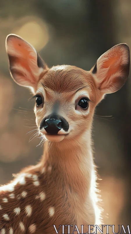 Gentle woodland fawn basking in soft golden forest light.
