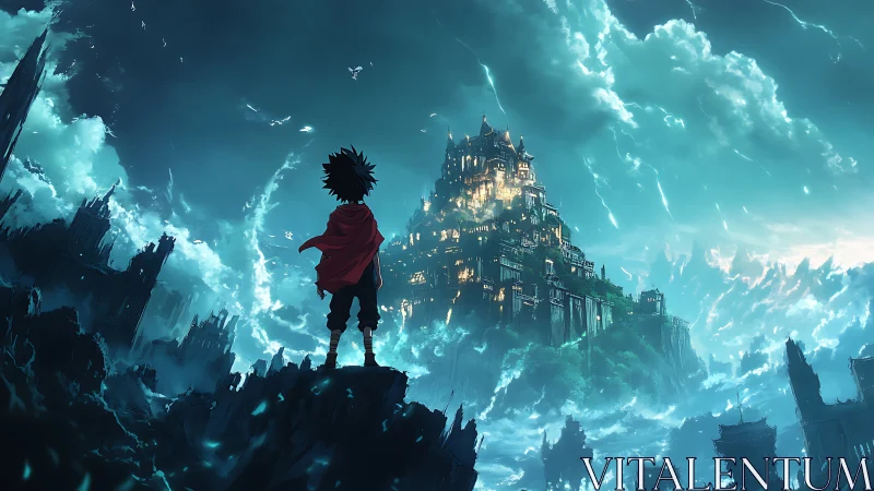 Lone wanderer confronts luminous fortress above ruins