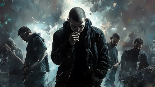 Rock band stands onstage under dramatic painted lighting