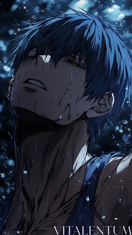 Hydraulic drenched portrait of blue haired anime swimmer.