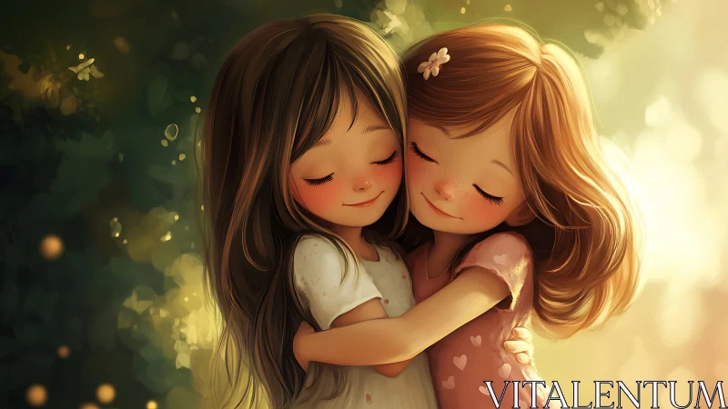 Two girls embrace joyfully in luminous golden light