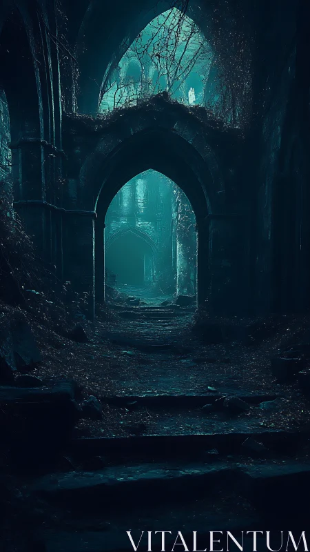 Ruined stone corridor with pointed arches and foliage.