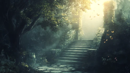 Stone forest staircase leading toward hazy daylight portal.