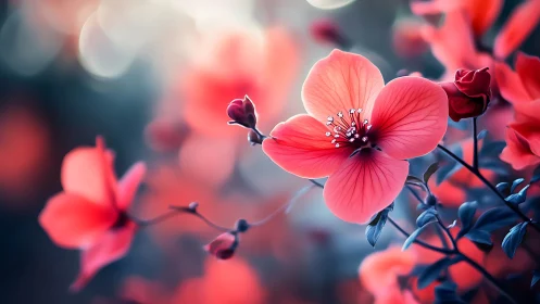 Red Flowers in Soft Focus Bokeh Garden.