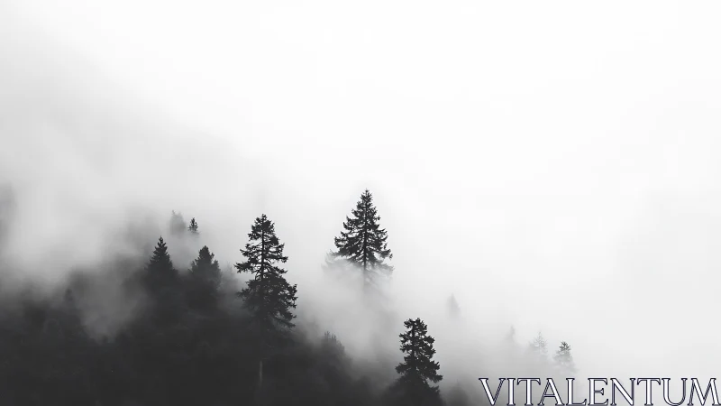 Foggy conifer hillside with trees fading into white mist.