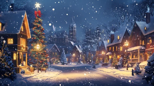 Snow-covered village street with illuminated Christmas tree at night