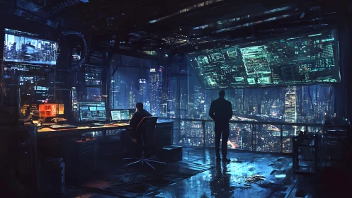 Midnight coders in a neon-lit city overlook their next move.