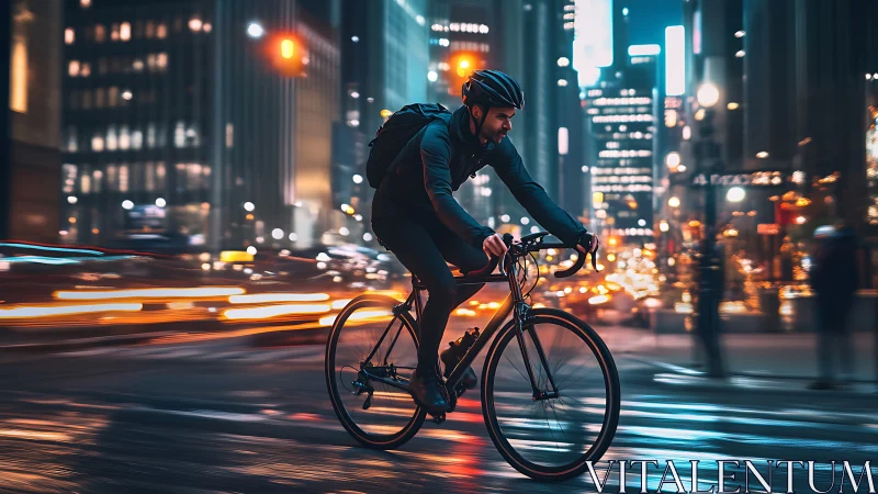 Urban Cyclist at Night: Motion-Blurred Cityscape with Dynamic Lighting.