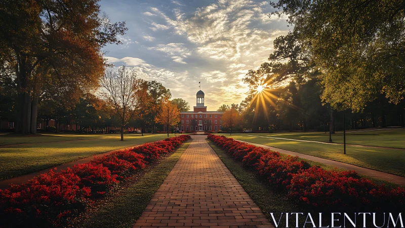 Symmetrical campus avenue directs gaze to domed hall at sunrise