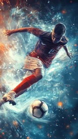 Fiery soccer kick swirling through sparks and starlight.