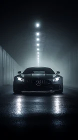 Midnight sports car glides through a misty tunnel in style