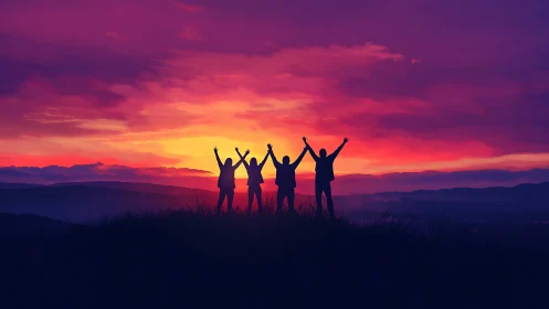 Four human silhouettes stand on ridge against vivid sunset sky