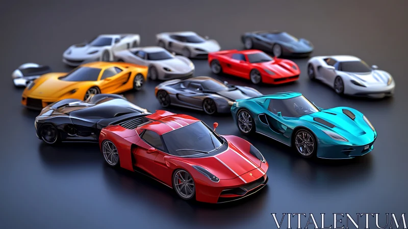 Vivid supercar lineup rendered as glossy 3D miniatures.