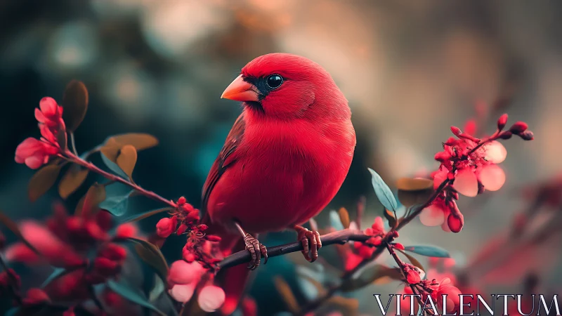 Vibrant red cardinal on flowering branch, dreamy bokeh background.