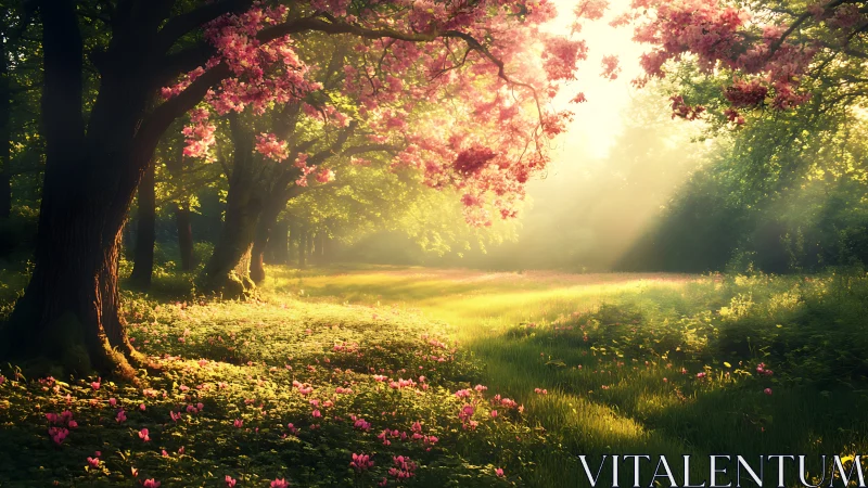Enchanted Spring Forest with Sunbeams and Pink Blossoms.