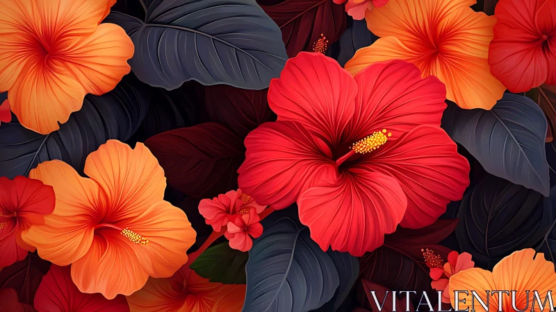 Vibrant Hibiscus Flowers with Dark Foliage Display