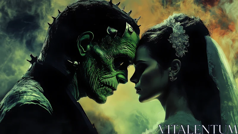 Monstrous groom and bridal silhouette aligned in cinematic profile