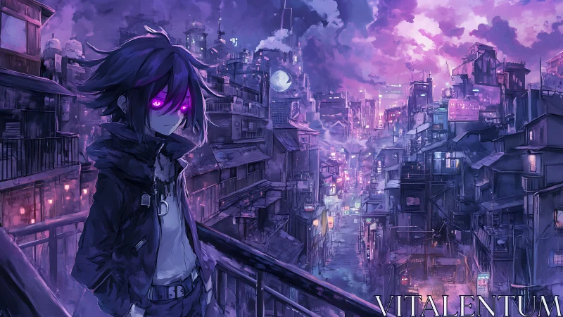 Neon-eyed loner surveys a glowing cyberpunk night cityscape.