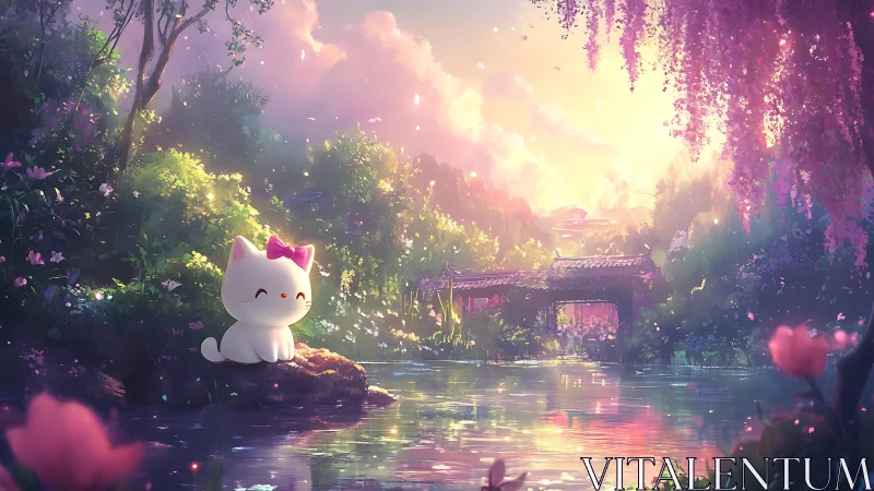 Cute chibi cat rests by a dreamy pastel riverside garden.