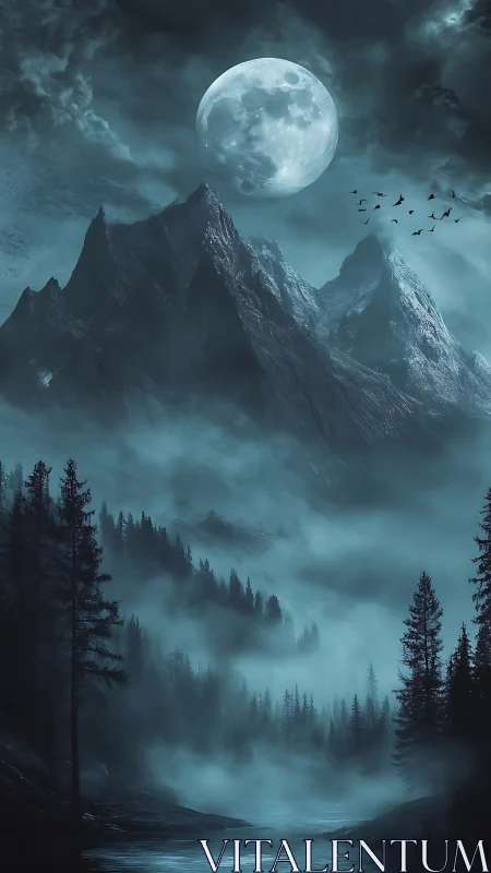 Moonlit mountain mist over a quiet, enchanted forest night.