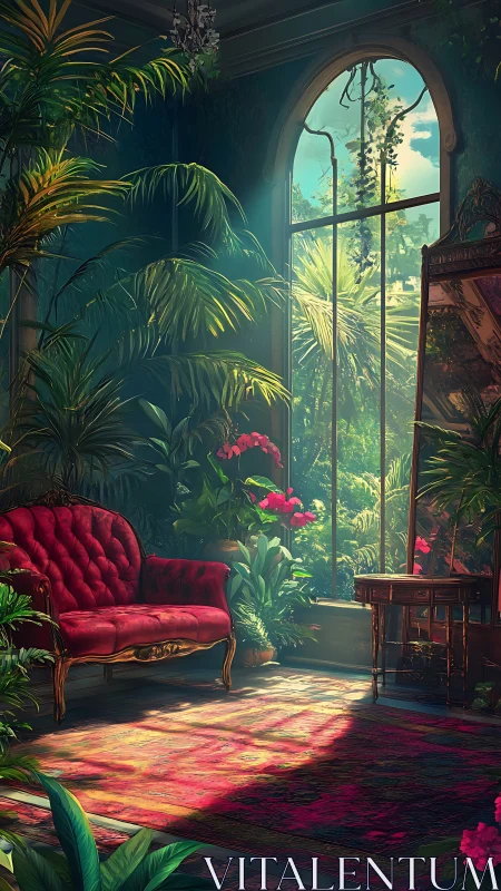 Sunlit conservatory lounge with crimson velvet sofa and palms.