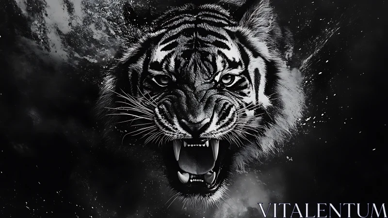 Roaring tiger head in dark monochrome digital artwork.