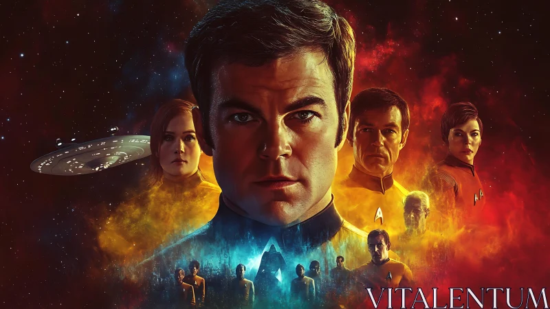 Starship crew montage against nebula and deep space backdrop.