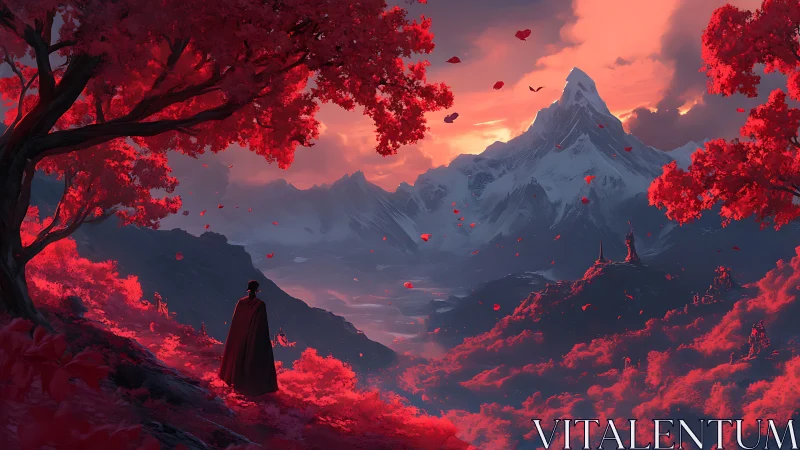 Cloaked wanderer in crimson forest before glacial peak at dusk