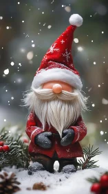 Snowy Christmas gnome figurine amid winter greenery.