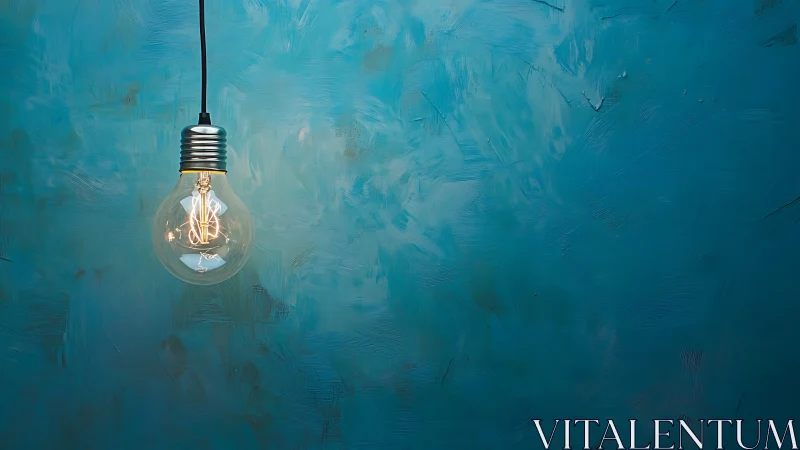 Warm hanging light bulb glows gently against textured teal wall