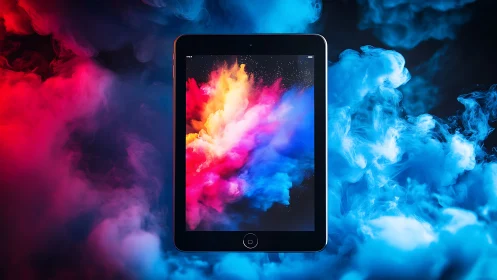 Tablet framed by vivid neon smoke and exploding color cloud.