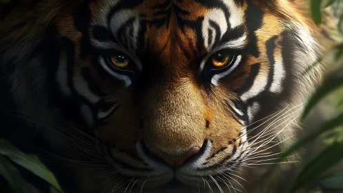 Macro close-up frontal tiger portrait with intense gaze