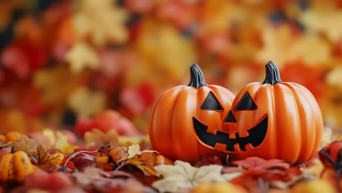 Polymer jack o’lantern pair amid defocused autumn foliage.