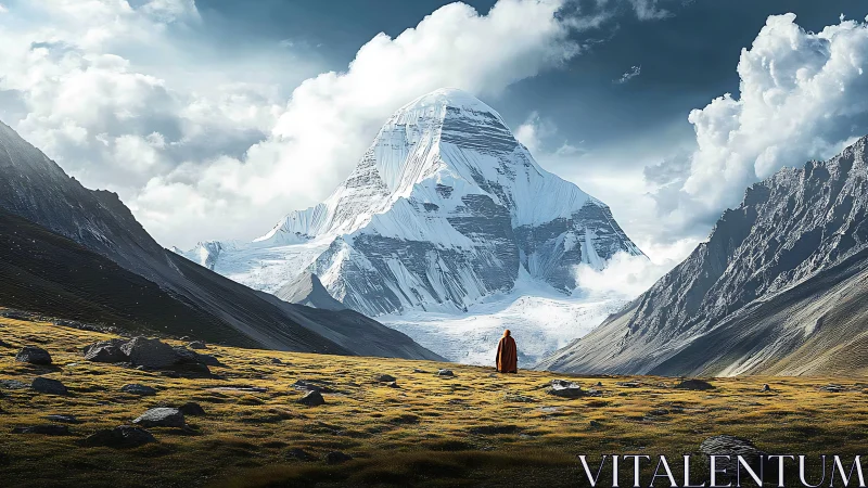 Quiet pilgrims beneath a towering snowlit sacred peak.