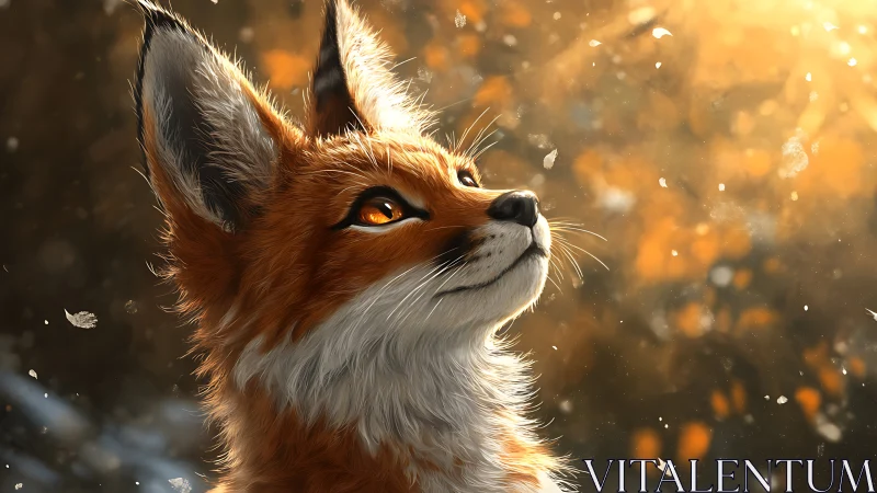Autumn-lit fox gazes skyward through drifting golden embers.