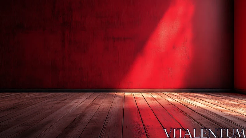 Red interior wall with angled light and wooden floor.