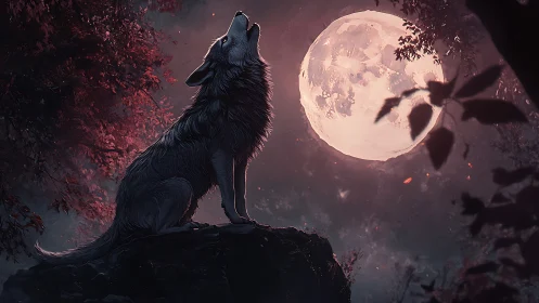 Wolf howls on rocky ledge under oversized full moon at night