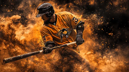 Kinetic baseball batter amid explosive particle dispersion field.