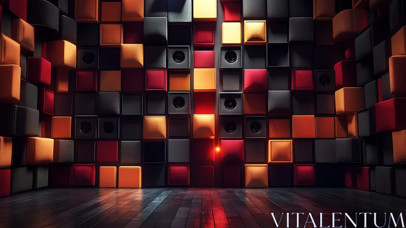 Geometric speaker wall glows with red and amber light.