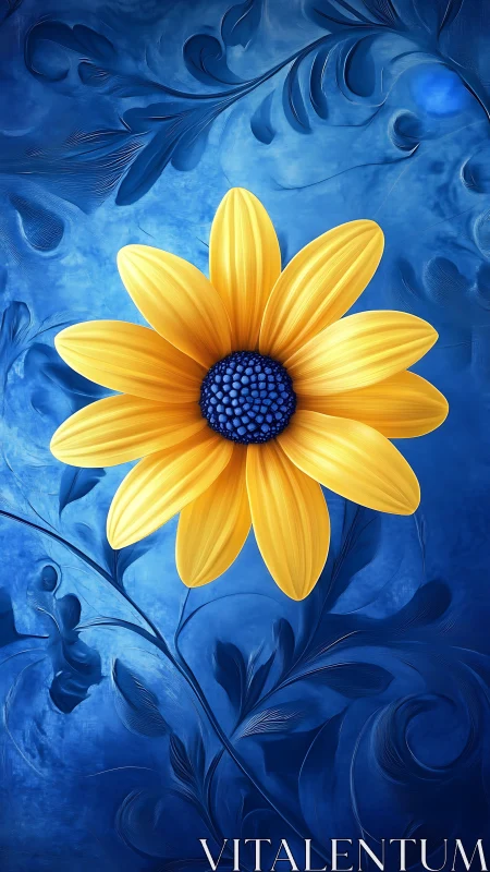 Sunny yellow blossom glowing against dreamy blue swirls.