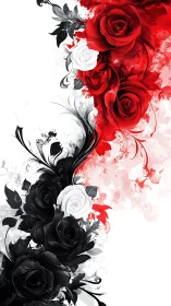 Chromatic Rose Composition: Red and Monochromatic Floral Digital Artwork